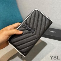 Saint Laurent Large Monogram Zip Around Wallet In Grained Matelasse Leather Black/White