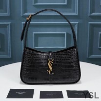 Saint Laurent Le 5 A 7 Hobo Bag In Crocodile-Embossed Shiny Leather Black/Gold