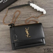 Saint Laurent Medium Sunset Chain Bag In Leather Black/Gold