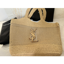 Saint Laurent Icare In Raffiam Maxi Shopping Bag Naturel And Brown Gold