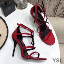 Saint Laurent Cassandra 100 Sandals In Patent Leather with Black Logo Red