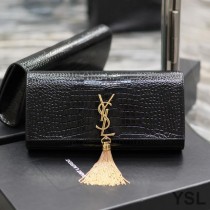 Saint Laurent Kate Clutch with Tassel In Crocodile Embossed Leather Black/Gold