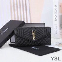 Saint Laurent Large Envelope Flap Wallet In Mixed Grained Matelasse Leather Black/Gold