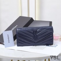 Saint Laurent Large Monogram Flap Wallet In Crinkled Matelasse Leather Navy Blue