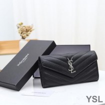 Saint Laurent Large Monogram Flap Wallet In Grained Matelasse Leather Black/Silver