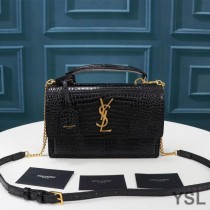 Saint Laurent Medium Sunset Satchel In Crocodile-Embossed Shiny Leather Black/Gold