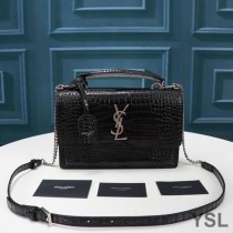 Saint Laurent Medium Sunset Satchel In Crocodile-Embossed Shiny Leather Black/Silver