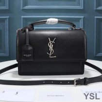 Saint Laurent Medium Sunset Satchel In Smooth Leather Black/Silver