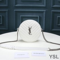 Saint Laurent Vinyle Round Camera Bag In Grained Matelasse Leather White/Silver