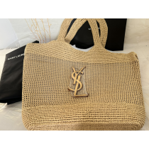 Saint Laurent Icare In Raffiam Maxi Shopping Bag Naturel And Brown Gold