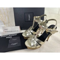 Saint Laurent Tribute Platform Ankle Strap Sandals 105mm Metallic Leather Gold