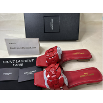 Saint Laurent Women Flat Mules Patent Leather Red